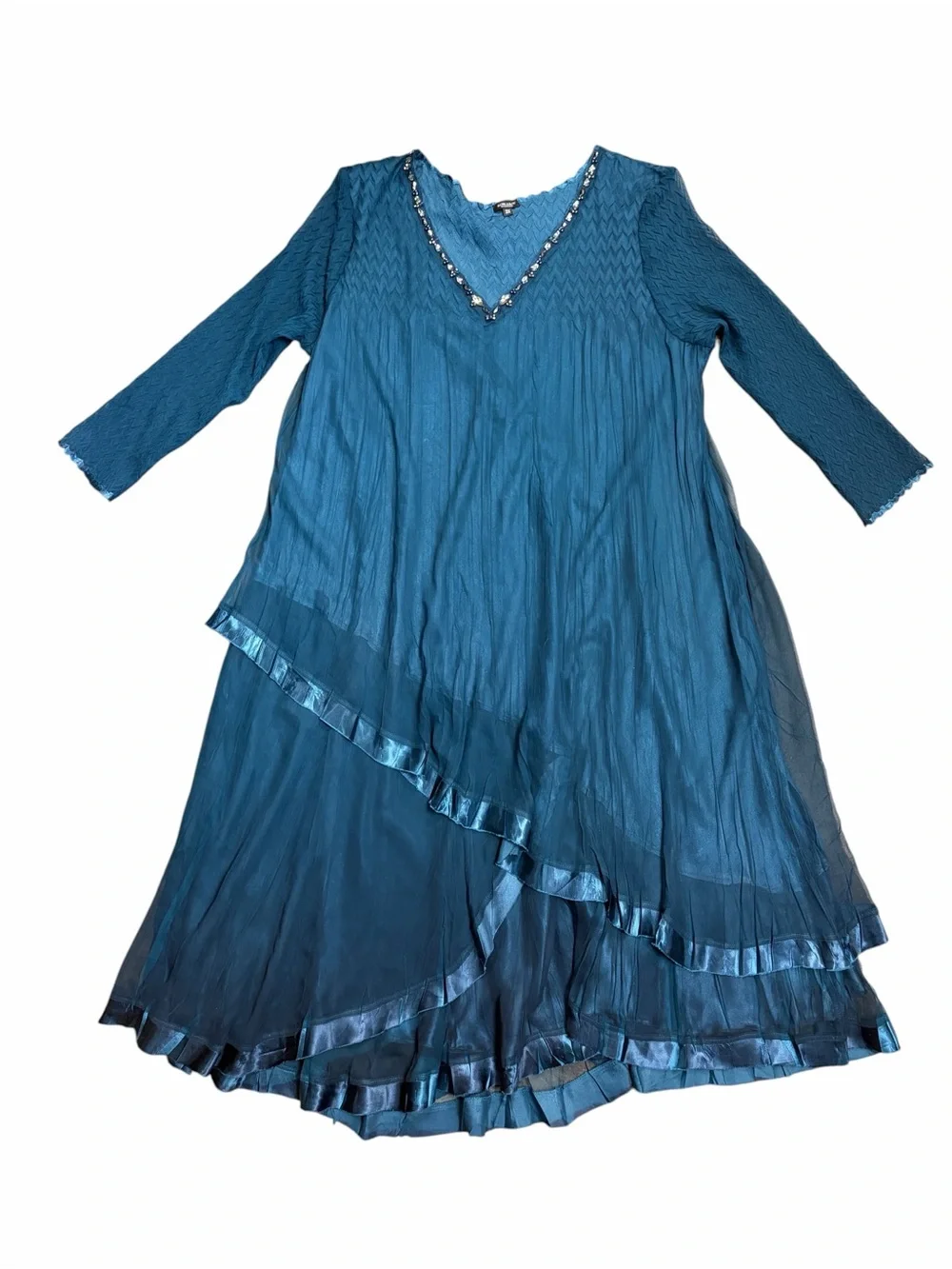 Komarov Teal Textured V-Neck Evening‎ Dress with Embellishment - 3X